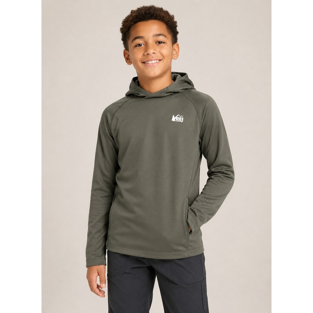 REI Co-op Kids XL 18 Olive Hooded Performance Base Layer Hoodie Shirt